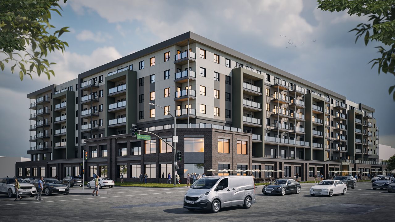 Architectural rendering of Park Centre Phase 2 in Sherwood Park: an apartment building over ground-floor retail, olive-gray frame option
