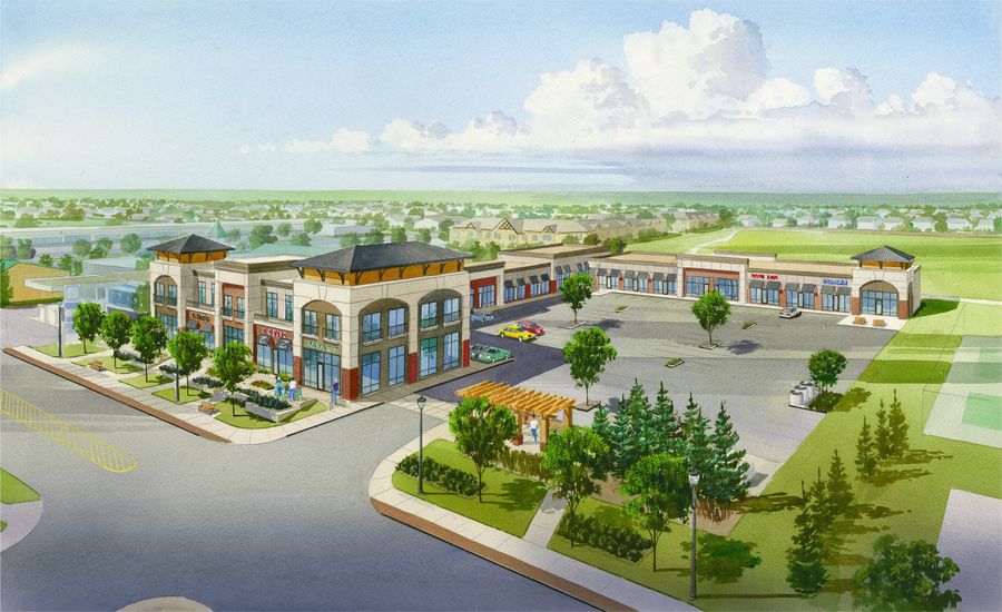 Architectural rendering of 50 Street Commercial in Beaumont: a two-storey corner building with gabled pavilions and a single-storey retail row around a parking court