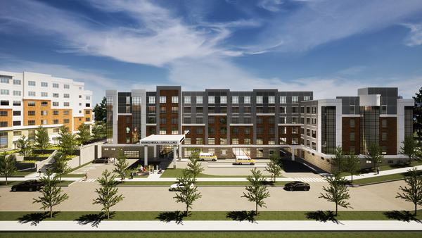 Frontal elevated view of Advanced Medical and The Academy of Aging at Currie, with the canopied clinic entrance (architectural rendering)