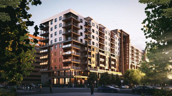 The Galloway at sunset, seen from across the street (earlier design rendering)