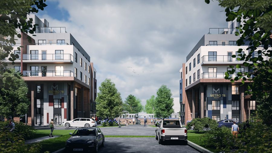 Metro 78, two apartment buildings facing each other across a landscaped drive in Edmonton