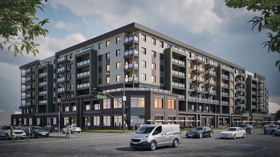 Park Centre Phase 2 in Sherwood Park, street view, olive-gray frame option