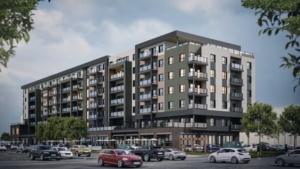 Park Centre Phase 2, corner view, olive-gray frame option
