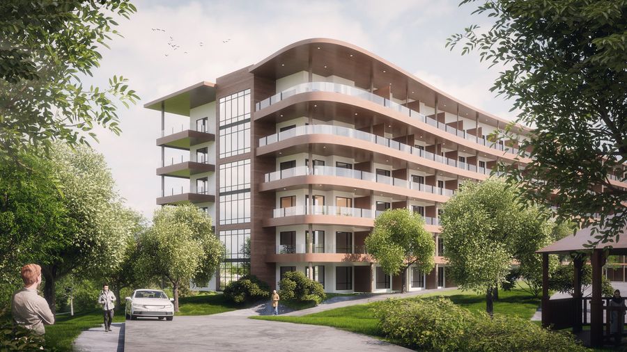 Taza, arrival at a building with curved balconies among trees (concept design rendering)