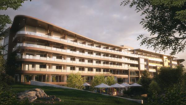 Taza, garden elevation at dusk (concept design rendering)