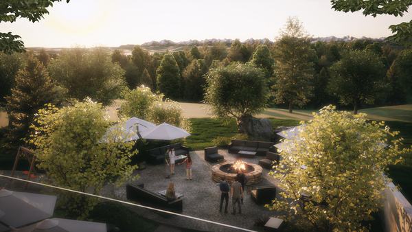 Taza, outdoor amenity with a fire pit and seating (concept design rendering)