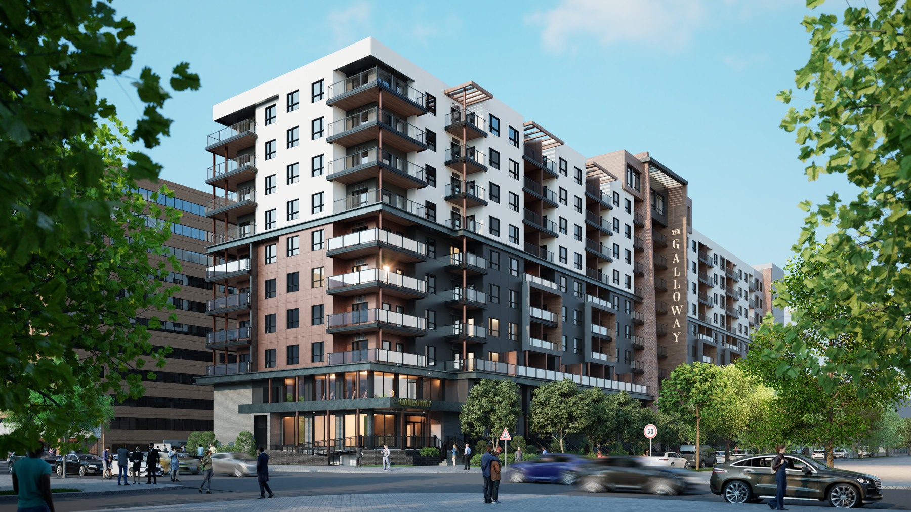 Architectural rendering of The Galloway apartment building in Calgary.